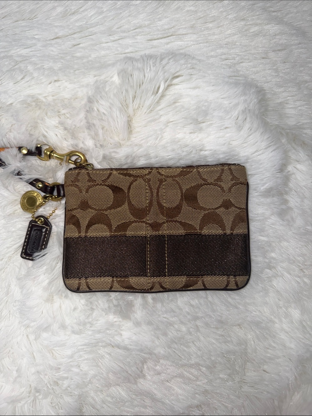 Coach Brown Signature Canvas Key & Card Pouch with Gold Hardware
